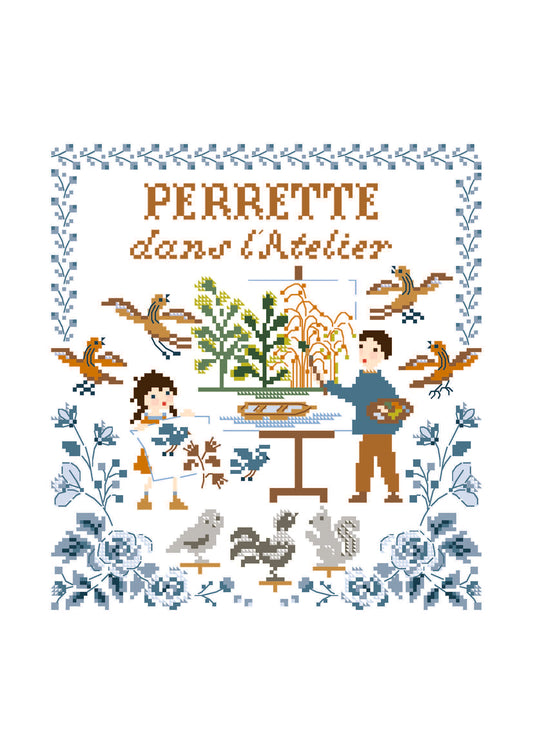 Grille broderie point de croix Perrette Atelier de papa : scène poétique, pinceaux et oiseaux. 120×130 pts, à broder sur toile blanche.