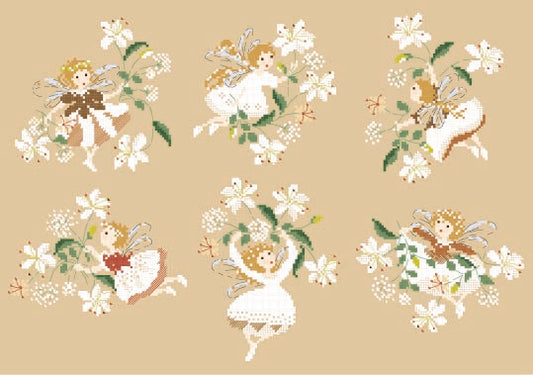 Grille broderie point de croix Petites fées : petites fées, fleurs et feuillages en tons doux. 228×154 pts, coussin poétique à broder sur toile bis ou de couleur.