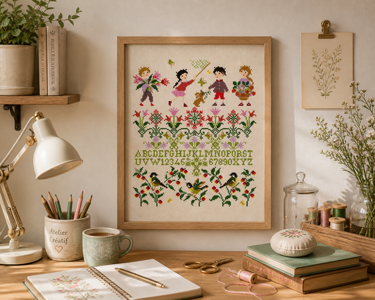 Grille inédite broderie point de croix : Printemps en fête par Perrette Samouiloff. 131×159 pts, enfants, fleurs, papillons. Point de croix, ¾ de point, point de piquûre.