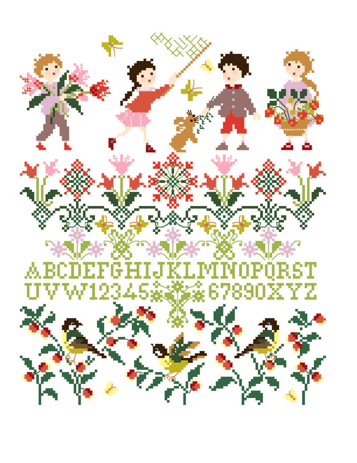 Grille inédite broderie point de croix : Printemps en fête par Perrette Samouiloff. 131×159 pts, enfants, fleurs, papillons. Point de croix, ¾ de point, point de piquûre.