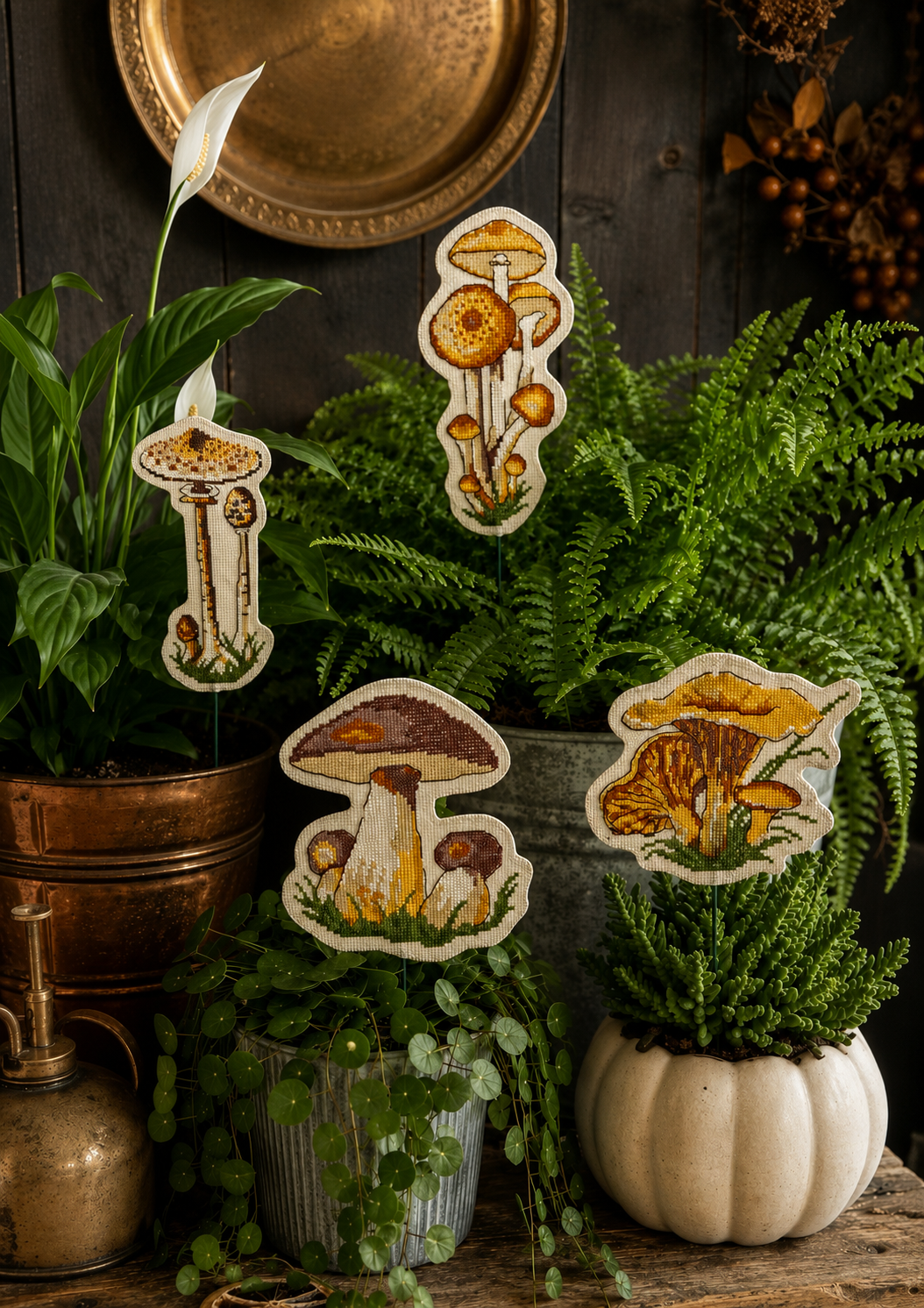 Grille inédite broderie point de croix : Quatre champignons. Champignons, citrouilles et feuillages à piquer en pot. Toile Aïda 5,5 pts/cm blanc cassé. Réf. DMC, 6 pages.