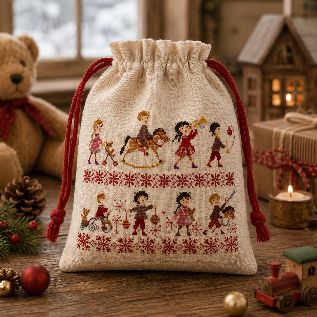 Grille inédite broderie point de croix : Sampler enfants et jouets de Noël par Perrette Samouiloff. Motifs 60×40 pts, env. 10,9×7,3 cm. Toile Aïda ou lin. Livret 16 pages.