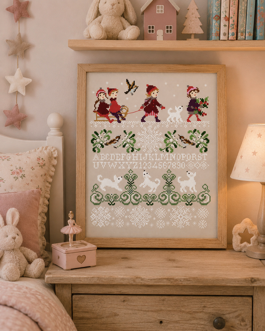 Grille inédite broderie point de croix : Sampler hiver par Perrette Samouiloff. 132×161 pts, flocons, enfants, paysage. Point de croix, ¾ de point, point de piquûre.