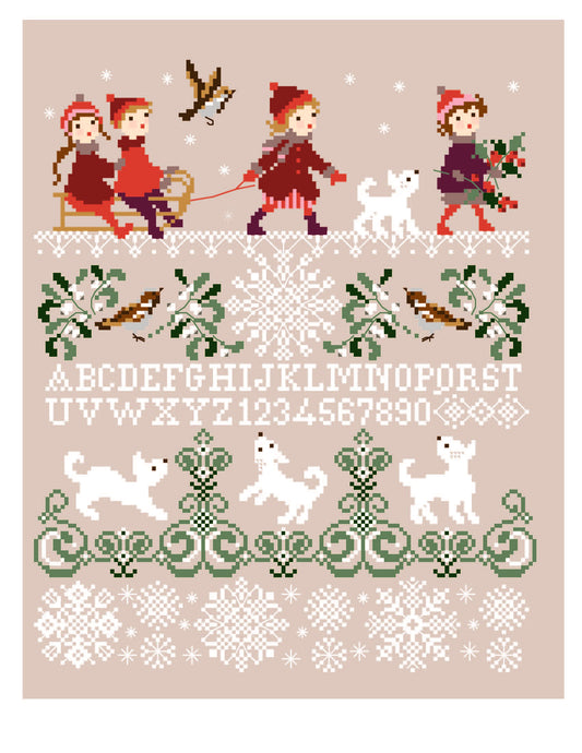 Grille inédite broderie point de croix : Sampler hiver par Perrette Samouiloff. 132×161 pts, flocons, enfants, paysage. Point de croix, ¾ de point, point de piquûre.