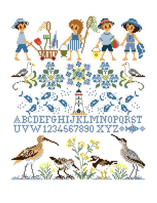 Grille inédite broderie point de croix : Sampler mer été par Perrette Samouiloff. 130×159 pts, bateaux, coquillages, enfants. Point de croix, ¾ de point, point de piquûre.