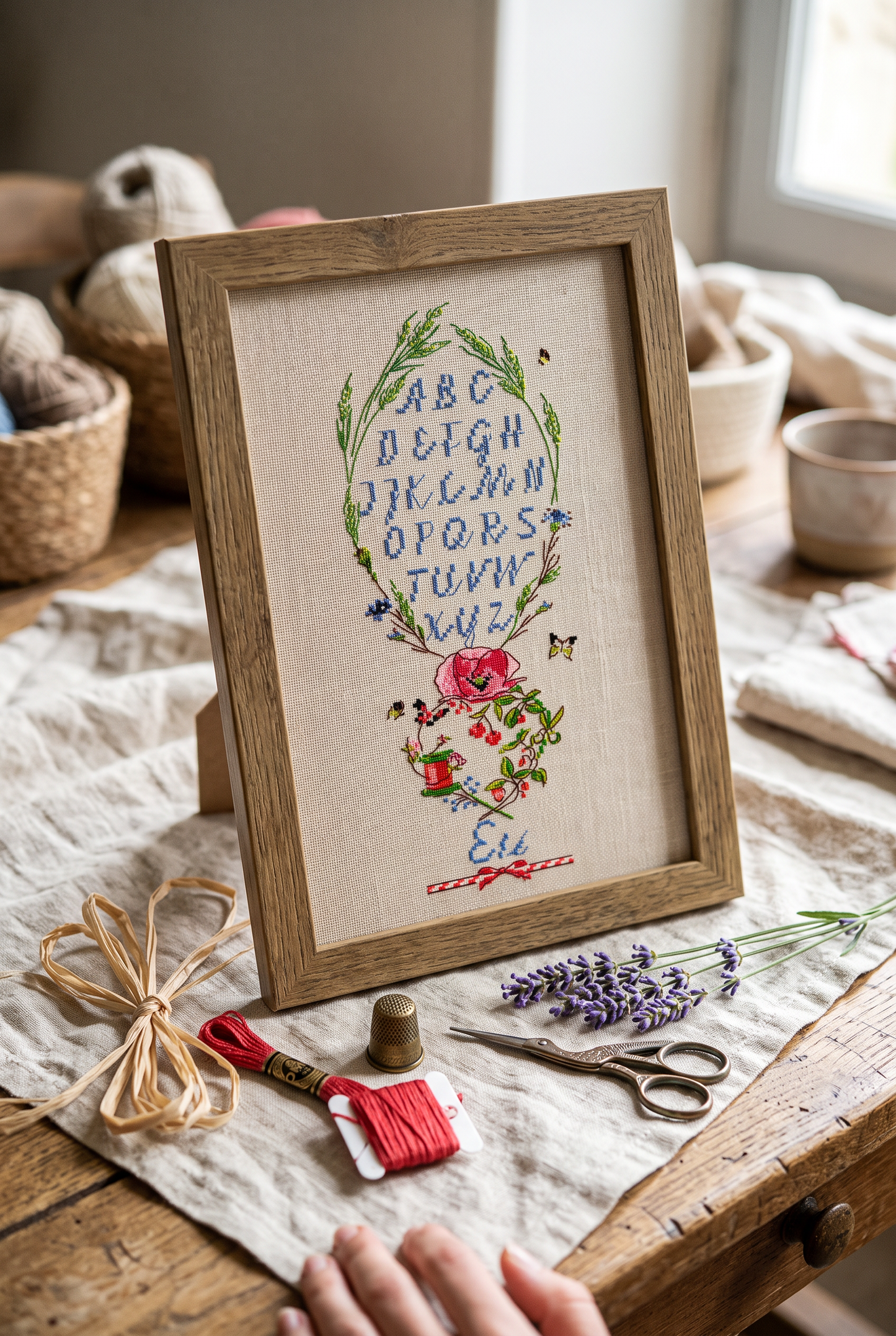 Grille broderie point de croix Sampler d'été : alphabet bleu, fleurs des champs et épis de blé. 58×160 pts, environ 10×27 cm sur toile 11 fils/cm.
