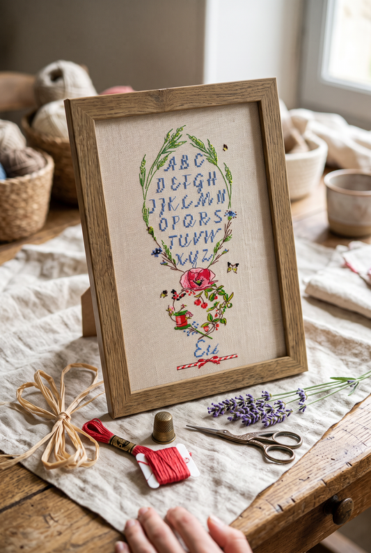 Grille broderie point de croix Sampler d'été : alphabet bleu, fleurs des champs et épis de blé. 58×160 pts, environ 10×27 cm sur toile 11 fils/cm.
