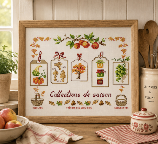 Grille broderie point de croix Saveurs de saison par Véronique Enginger. À broder sur toile blanche.