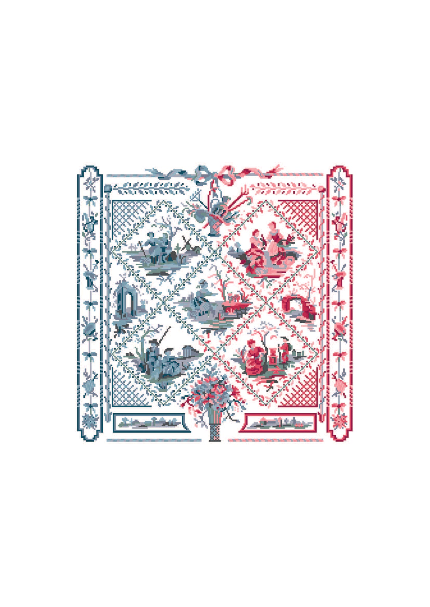 Grille broderie point de croix Toile de Jouy : sampler 215×215 pts, scènes en bleu et rouge. Sur toile blanche ou écrue.