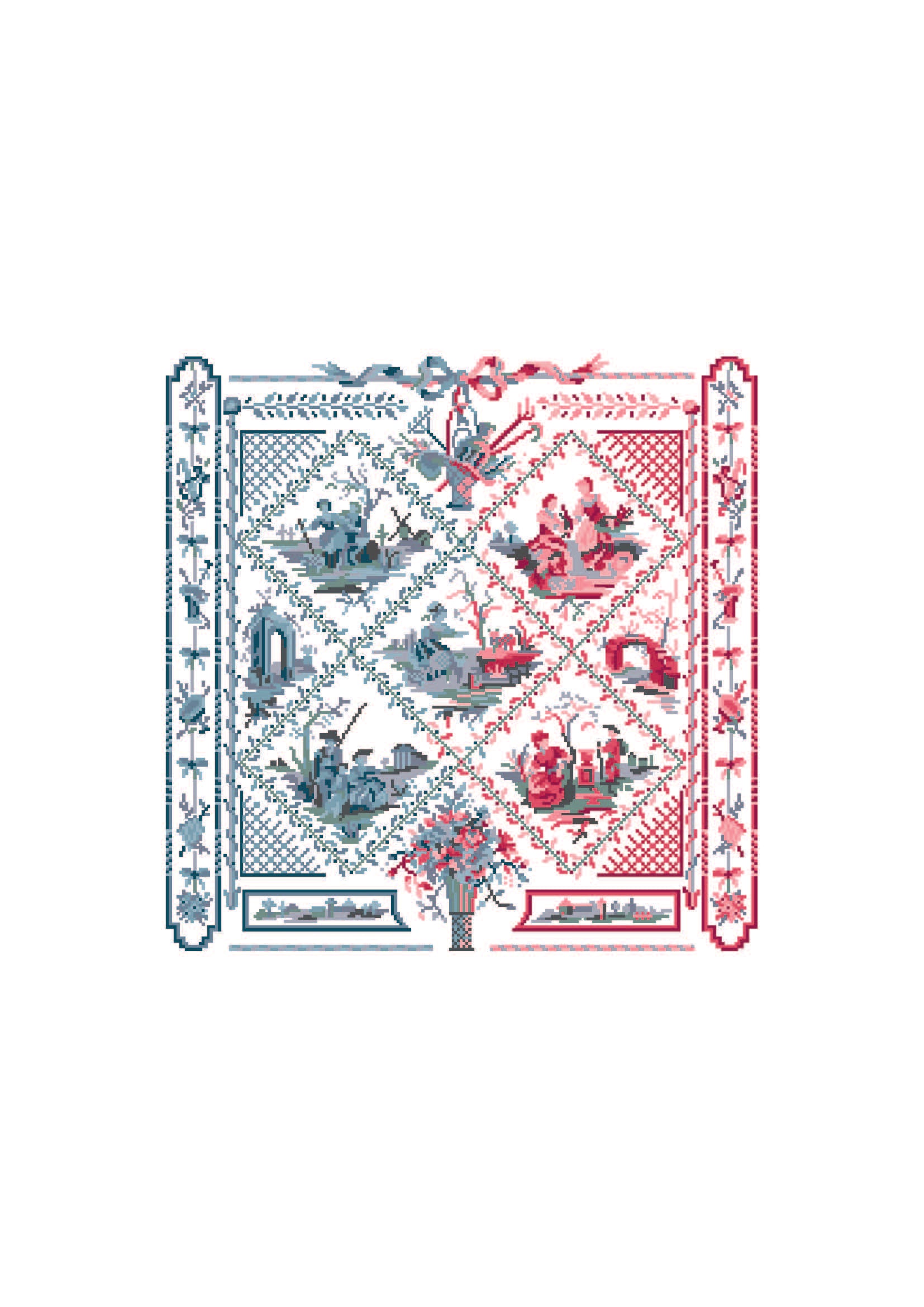Grille broderie point de croix Toile de Jouy : sampler 215×215 pts, scènes en bleu et rouge. Sur toile blanche ou écrue.