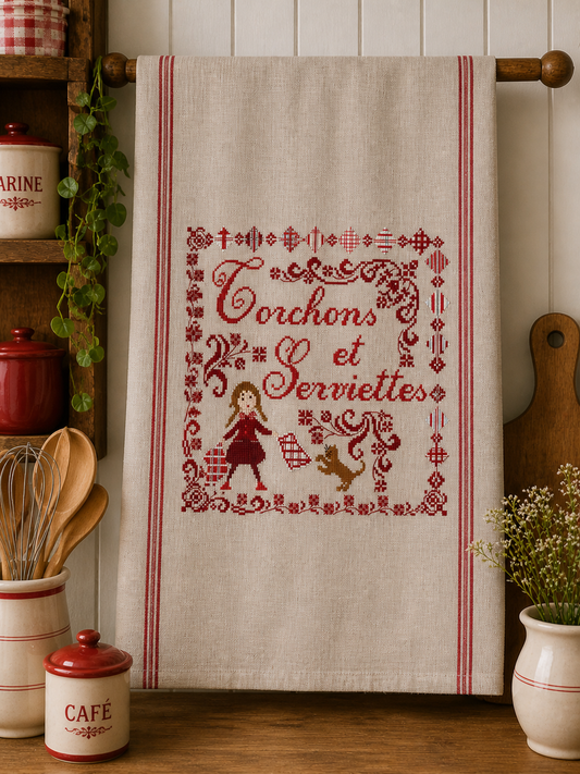 Grille inédite broderie point de croix : Torchons & Serviettes par Perrette Samouiloff. 131×159 pts, point de croix, ¾ de point, point de piquûre. Toile claire.