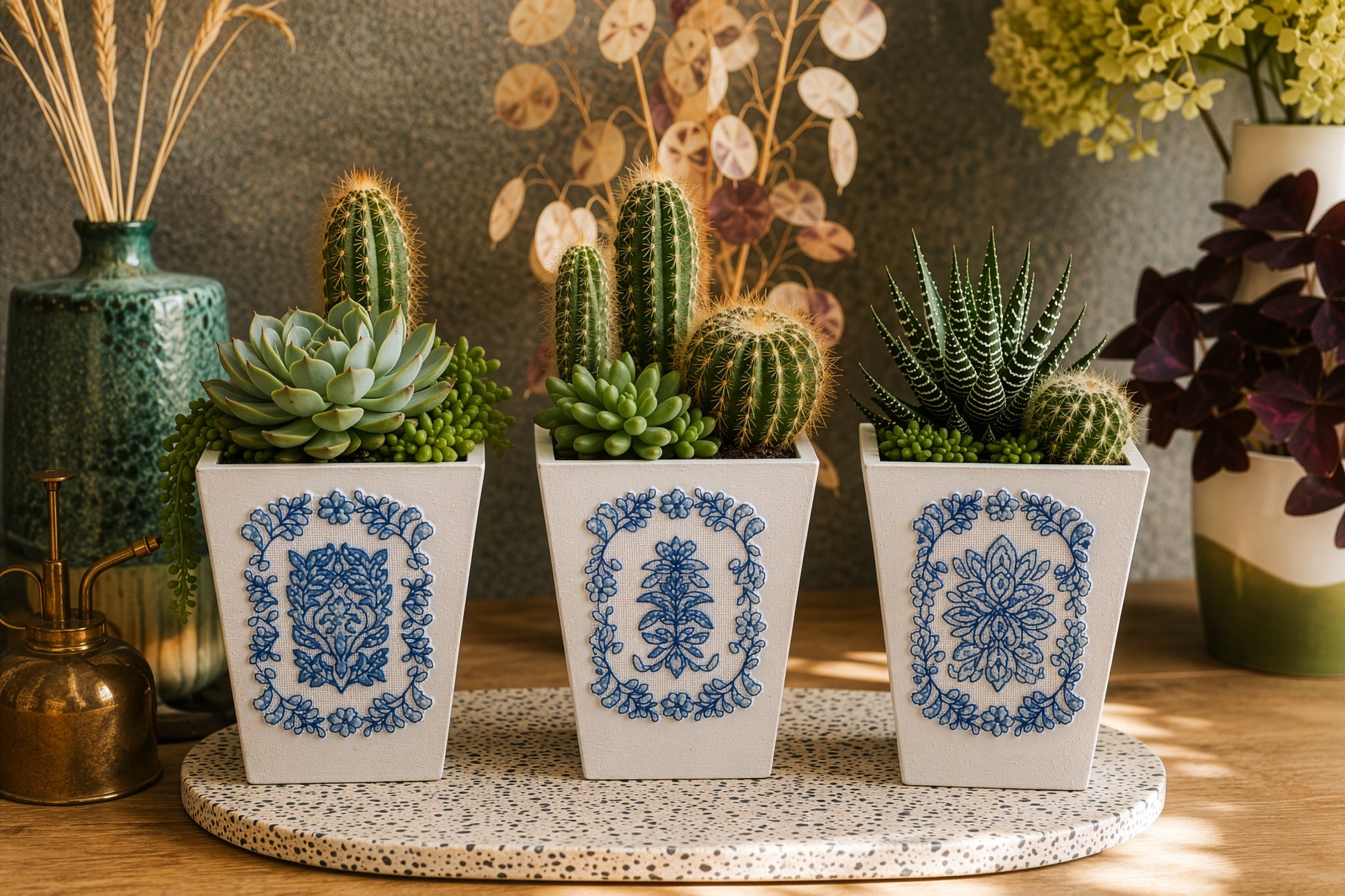 Grille inédite broderie point de croix : Trio de cache-pots style Delft. Motifs bleus sur toile de lin DMC 11 fils/cm blanc. Réf. DMC, 6 pages.
