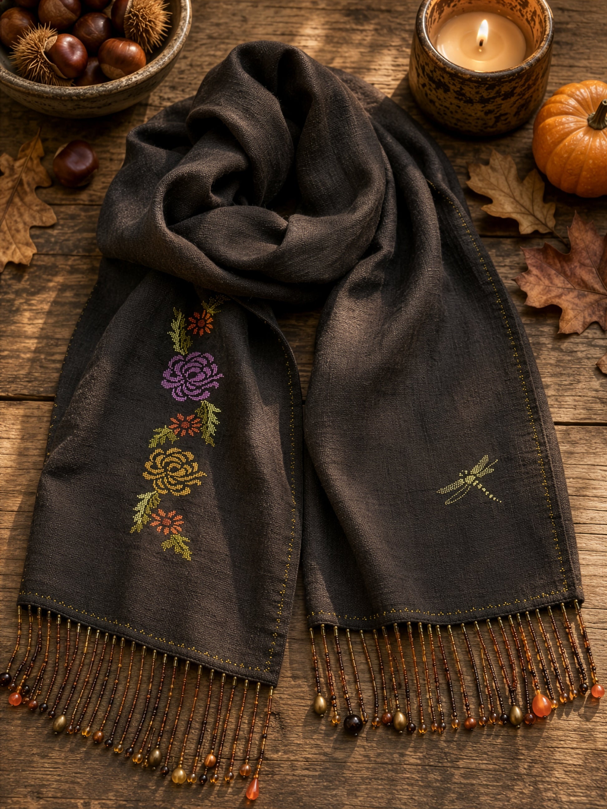 Grille inédite broderie point de croix : Étole d'automne. Libellule, feuilles et écharpes en octobre. Toile de lin 12 fils/cm blanc cassé. Réf. DMC, 6 pages.