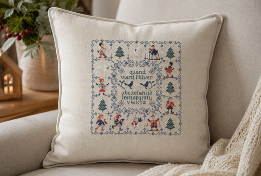 Grille point de croix hivernale : skieurs et patineurs sur lin naturel. Motif carré 161×161 pts, environ 29×29 cm. Ambiance rétro et cosy.