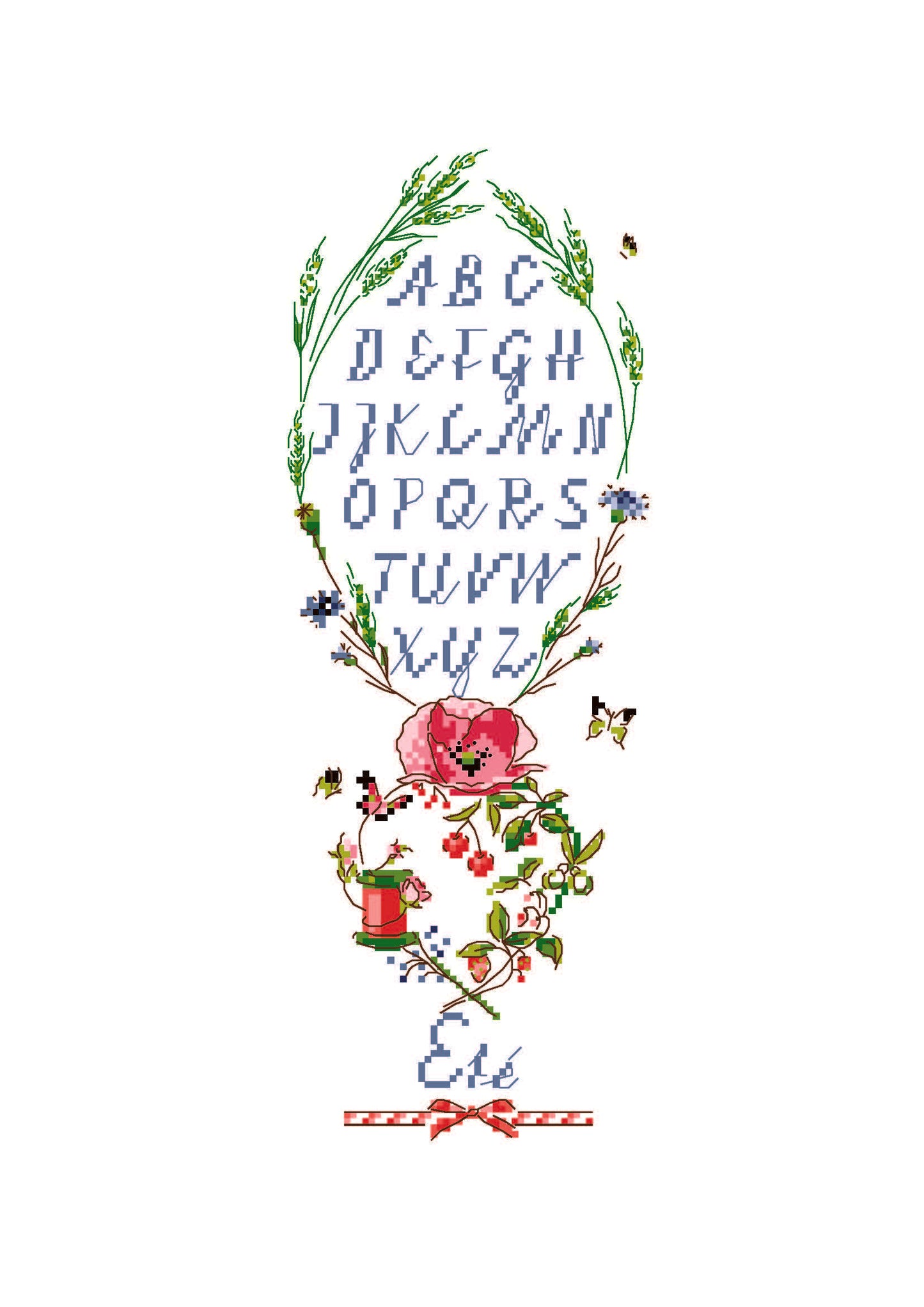 Grille broderie point de croix Sampler d'été : alphabet bleu, fleurs des champs et épis de blé. 58×160 pts, environ 10×27 cm sur toile 11 fils/cm.
9,99 € EUR
