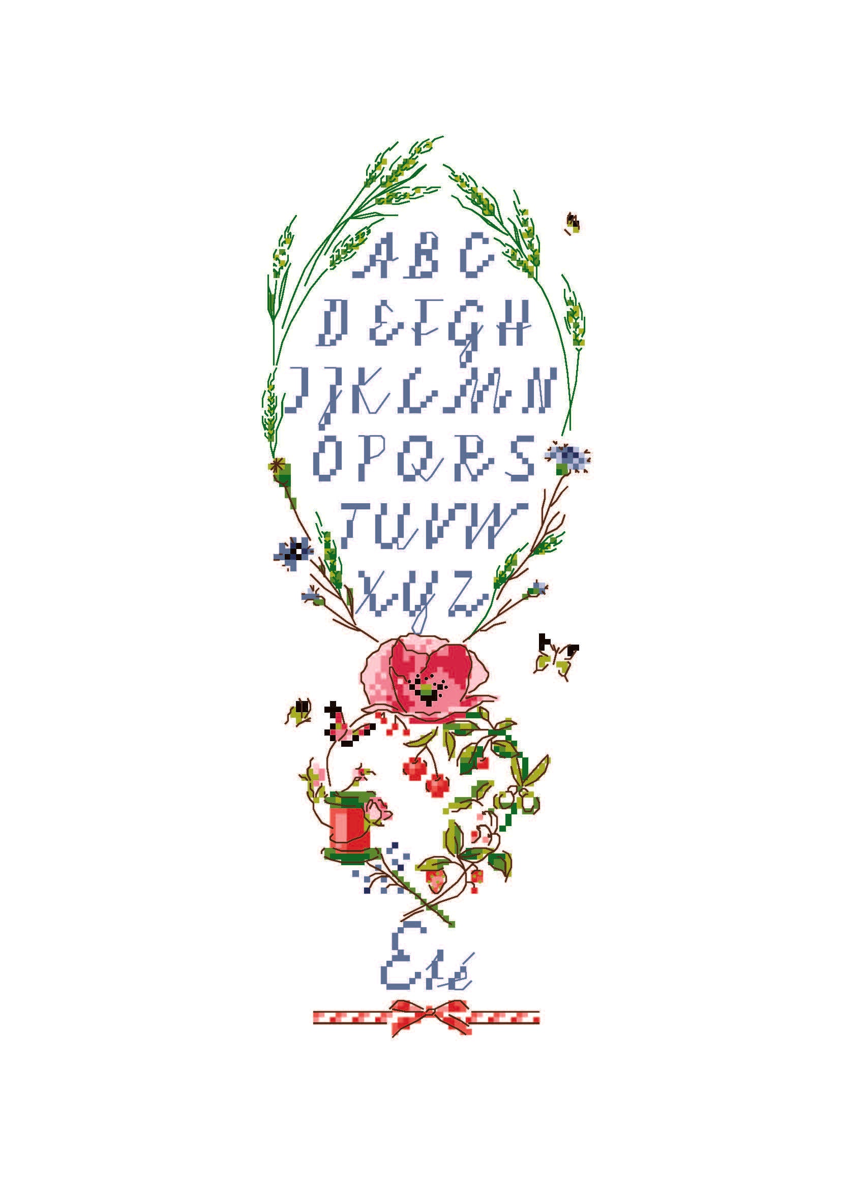 Grille broderie point de croix Sampler d'été : alphabet bleu, fleurs des champs et épis de blé. 58×160 pts, environ 10×27 cm sur toile 11 fils/cm.
9,99 € EUR