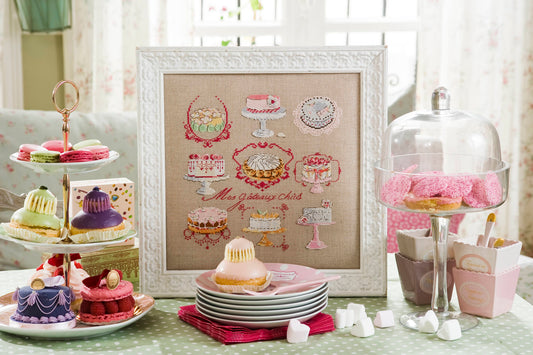 Grille point de croix Savoureuse Collection par Création Point de Croix. Desserts en tableau, DMC sur 6 pages. Format fini env. 24,4×24,5 cm sur lin 11 fils.