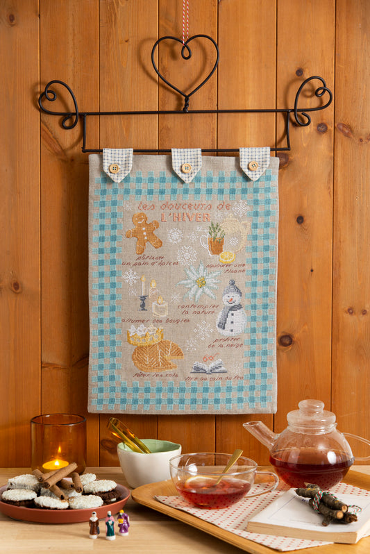 Grille de broderie point de croix : tableau hiver gourmand par M. Bonnin. Réf. DMC incluse. À broder sur Aïda ou lin. Création Point de Croix.