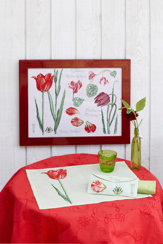 Grille de broderie point de croix : Tulipe et Cyclamen, fleurs de printemps. 200x246 points, 4 pages, couleurs DMC. Aïda et lin blanc.