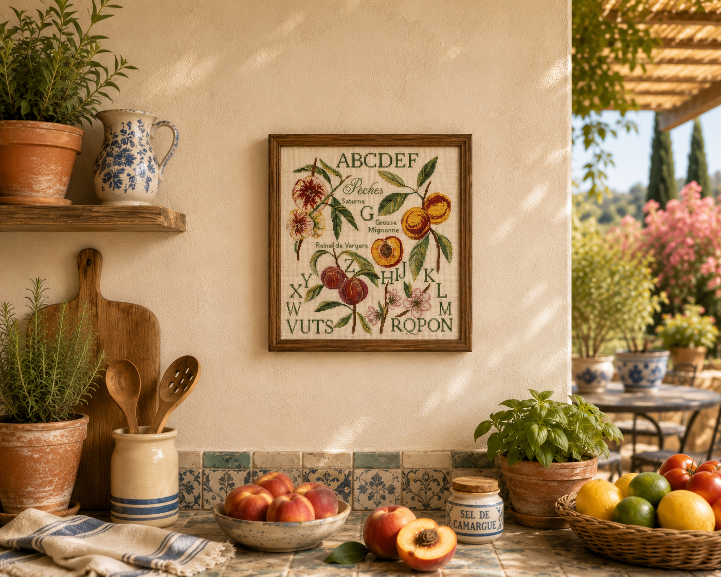 Grille de broderie point de croix « Un éclat de douceur avec les pêches du verger » par Création Point de Croix. Composition estivale aux nuances d’orangé, rose poudré et vert tendre. À broder sur lin, Aïda ou étamine.