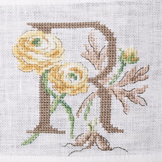 Grille de broderie point de croix : Une brassée de roses, abécédaire botanique. 50x50 points, 4 pages, couleurs DMC. Lin blanc.