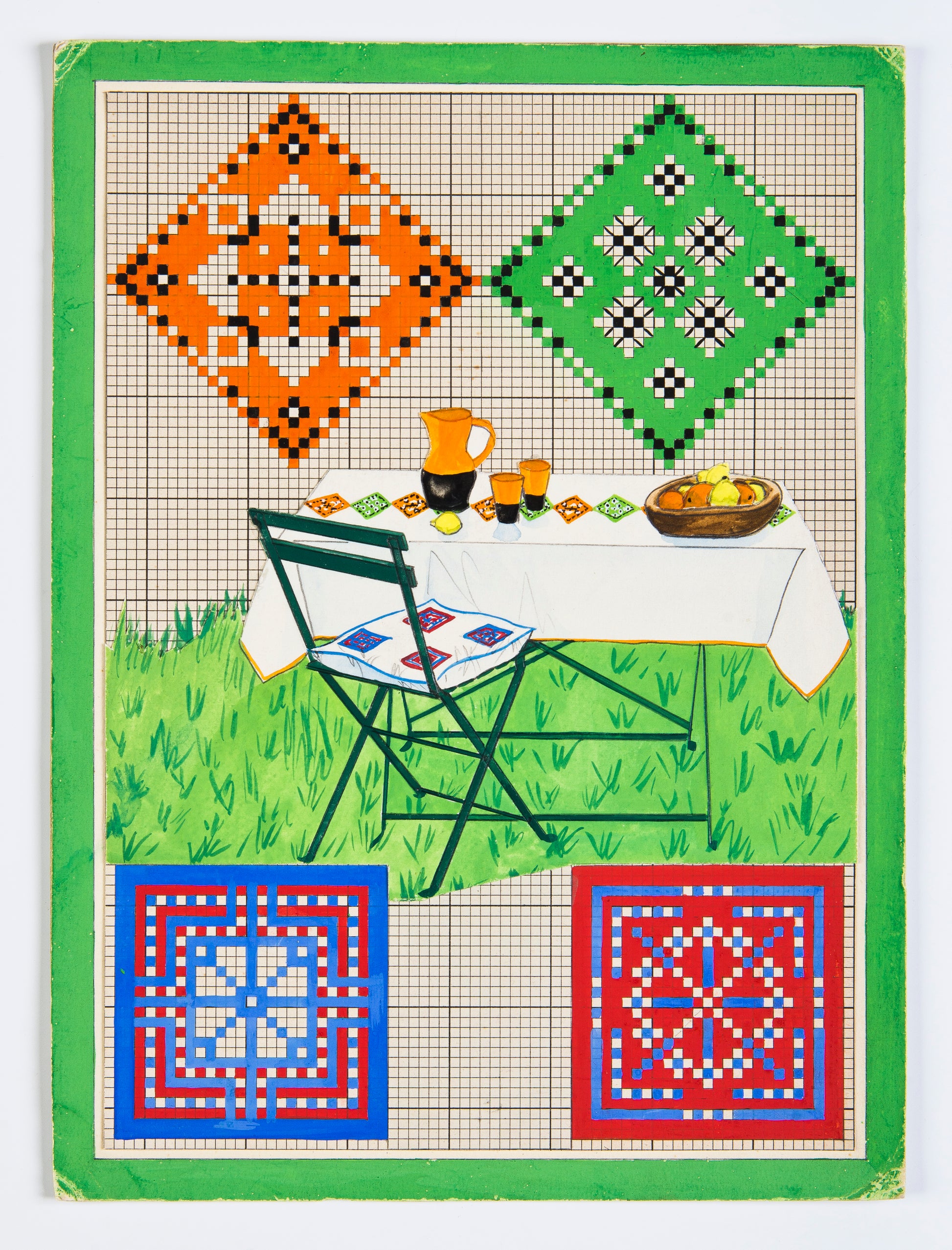 Grille point de croix – Une table au jardin, coloris DMC : détail des motifs carrés et losanges brodés suspendus en corde à linge, ambiance jardin bucolique et estival – Création Point de Croix