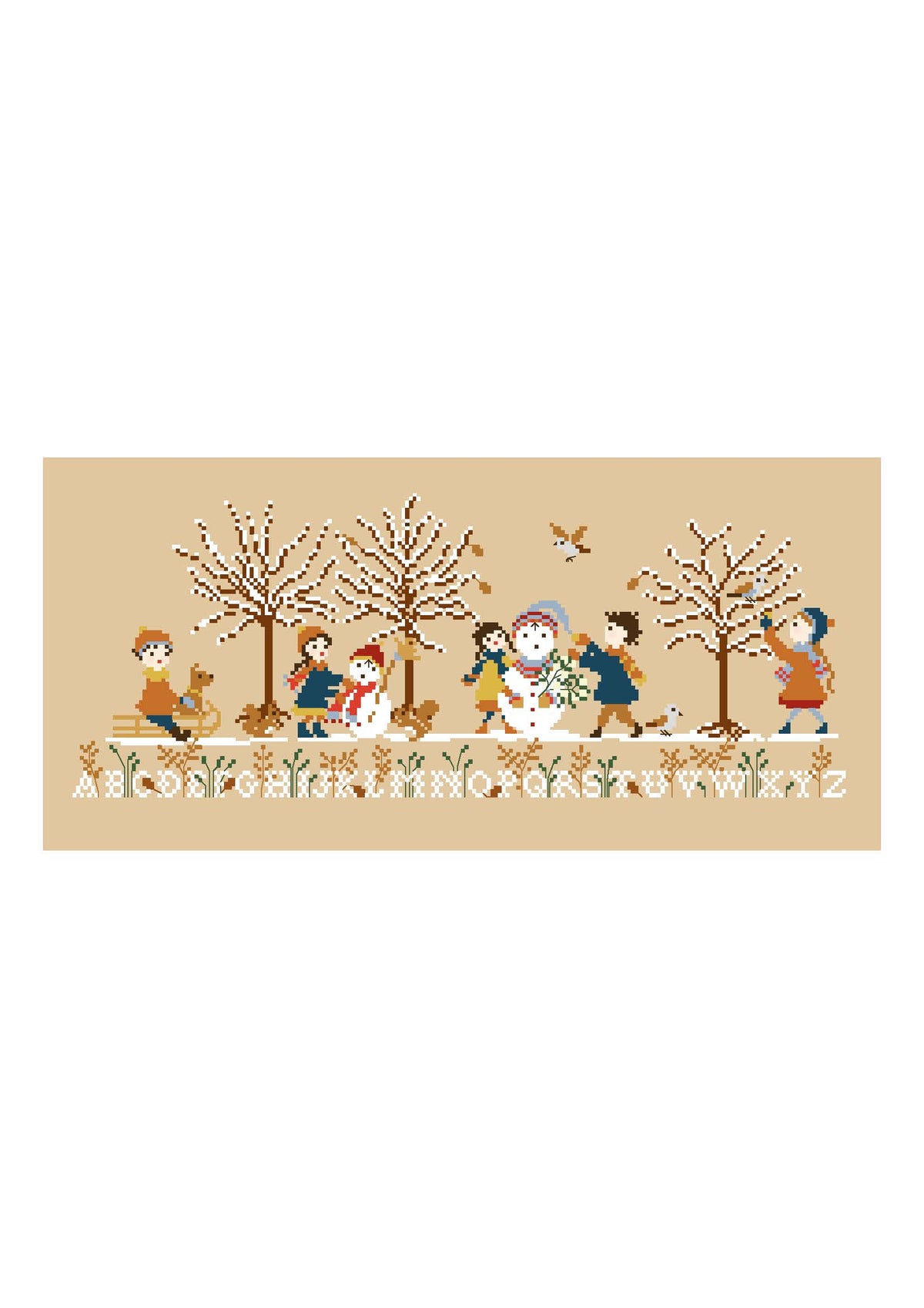 Grille point de croix inédite de Perrette Samouiloff : Les joies de l'hiver, 209 × 82 points, enfants dans la neige, alphabet brodé. Création Point de Croix.
