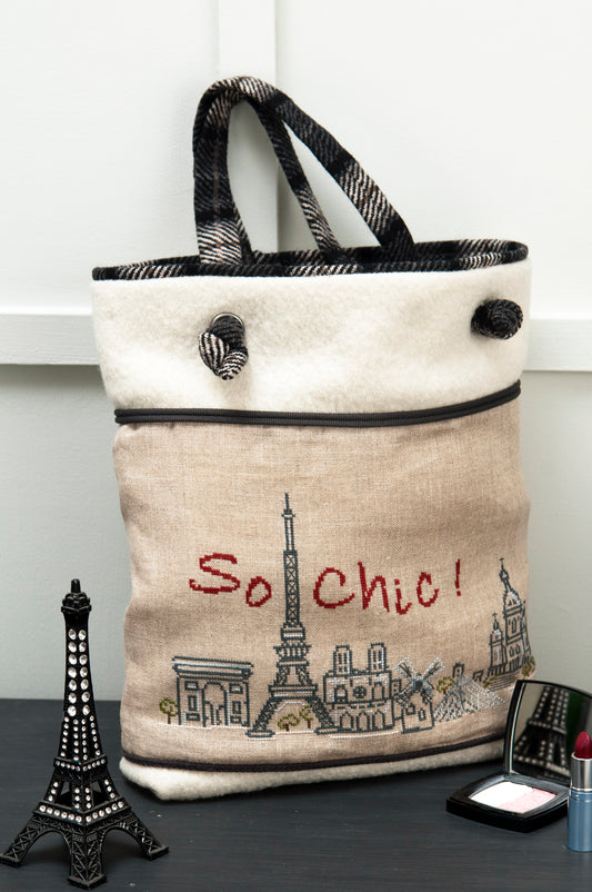 Grille broderie point de croix : sac a main So Chic et pochette a broder sur lin bis. Par Francoise Dieuzaide, DMC, 6 pages.