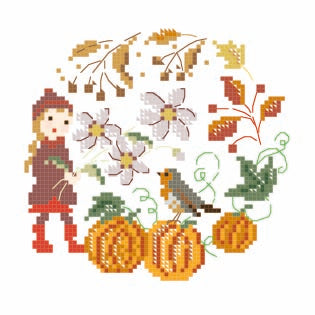 Grille point de croix inédite de Perrette Samouiloff : Frise les couleurs de l'automne, 209 × 83 points, scène automne et alphabet brodé. Création Point de Croix.