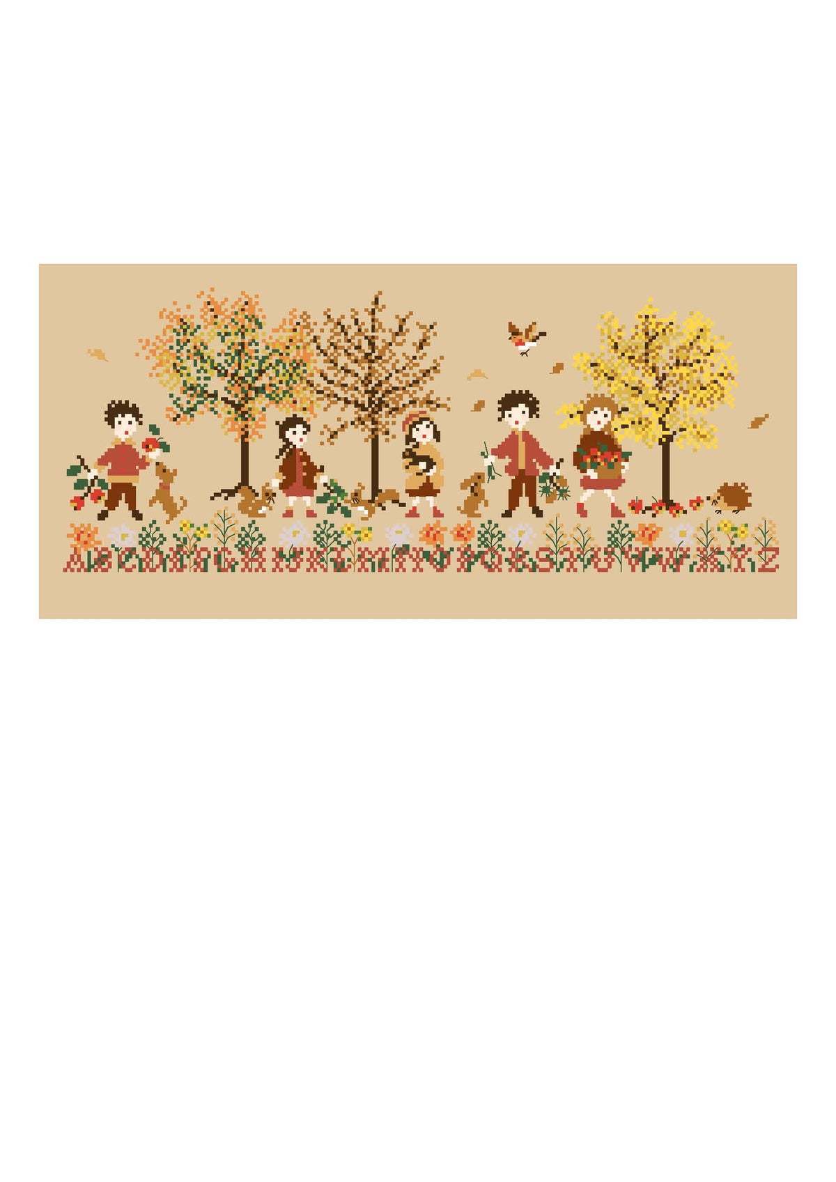 Grille point de croix inédite de Perrette Samouiloff : Frise les couleurs de l'automne, 209 × 83 points, scène automne et alphabet brodé. Création Point de Croix.
