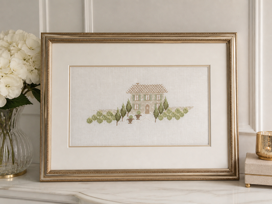 Grille de broderie point de croix : un été en Provence par J. Lentini. Réf. DMC incluse. À broder sur lin. Création Point de Croix.