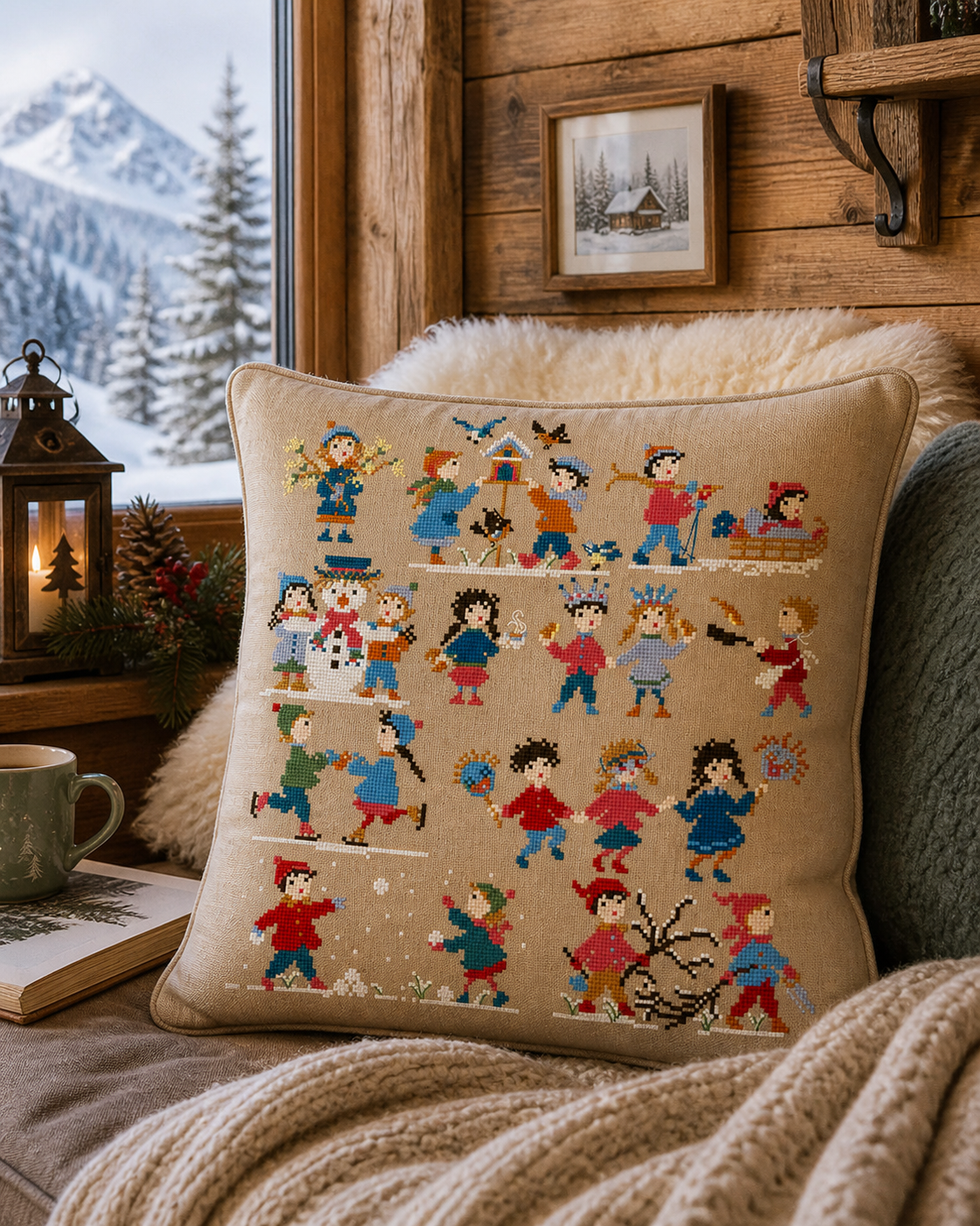 Grille inédite broderie point de croix : 20 enfants en hiver par Perrette Samouiloff. 155×157 pts. Point de croix (2 brins), ¾ point, point de piqûre, point de nœud.