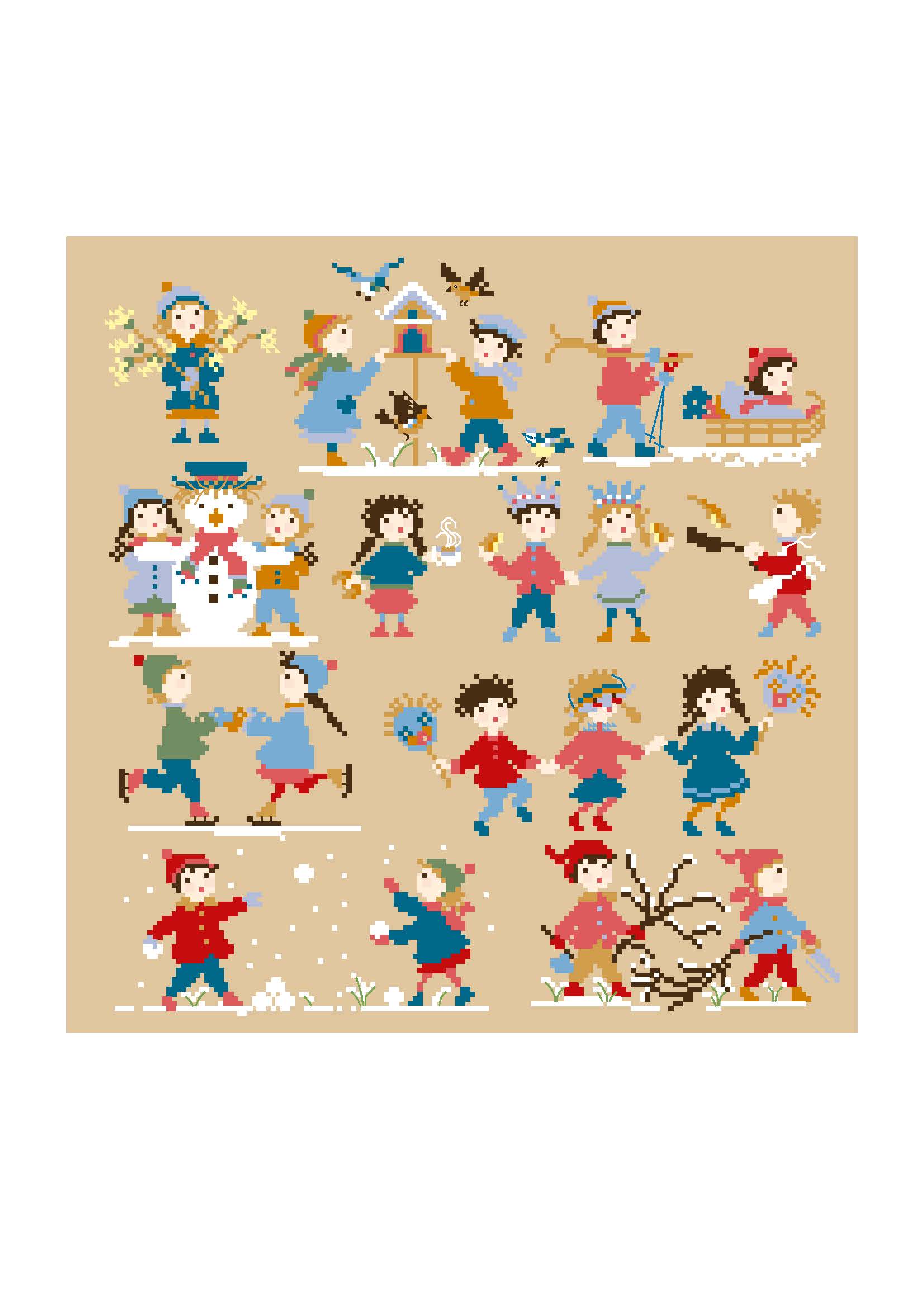 Grille inédite broderie point de croix : 20 enfants en hiver par Perrette Samouiloff. 155×157 pts. Point de croix (2 brins), ¾ point, point de piqûre, point de nœud.