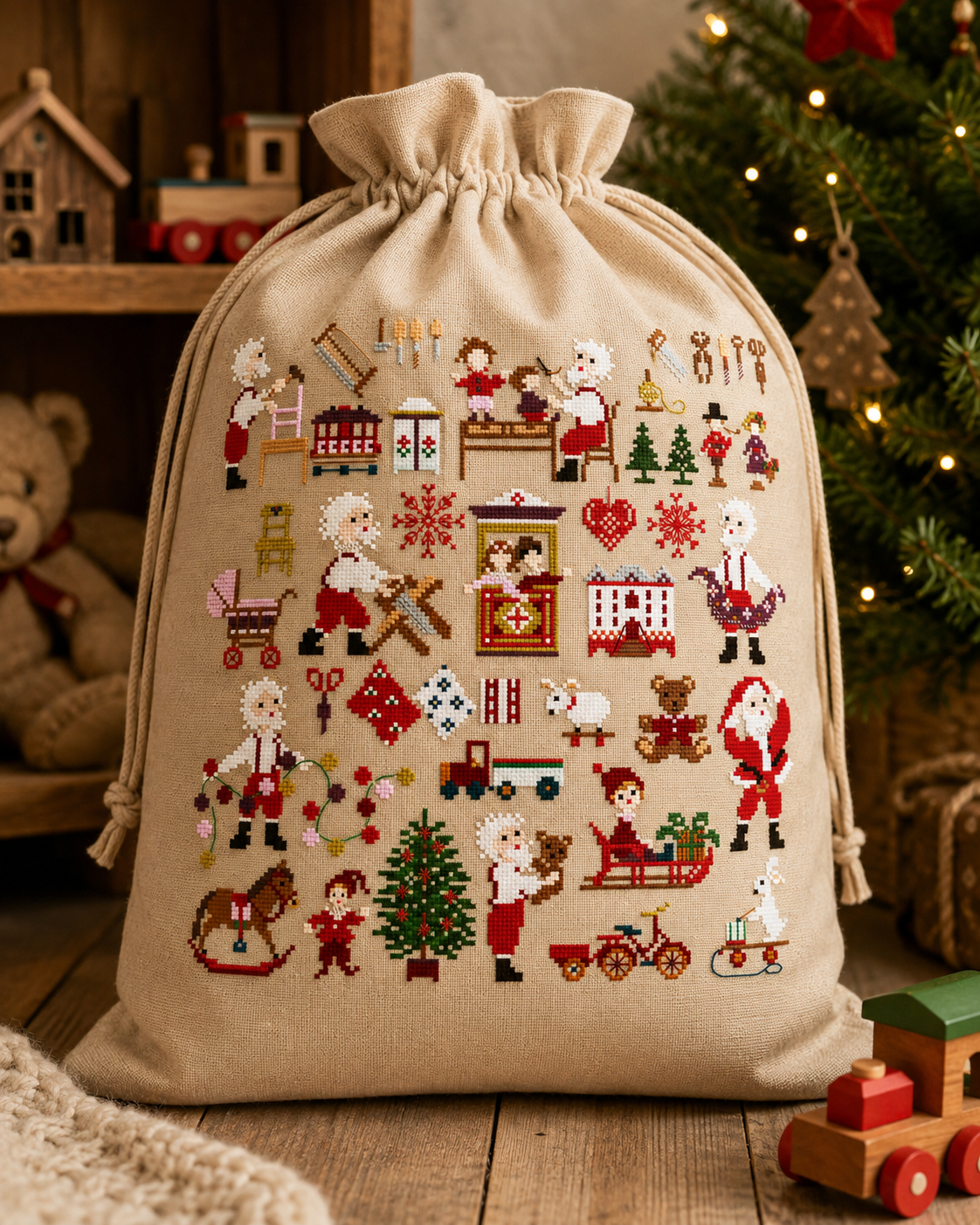 Grille inédite broderie point de croix : L'atelier du Père Noël par Perrette Samouiloff. 150×150 pts. Point de croix 2 brins, ¾ point, point de piqûre, point de nœud.
