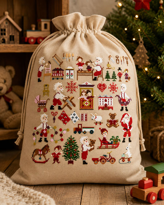 Grille inédite broderie point de croix : L'atelier du Père Noël par Perrette Samouiloff. 150×150 pts. Point de croix 2 brins, ¾ point, point de piqûre, point de nœud.