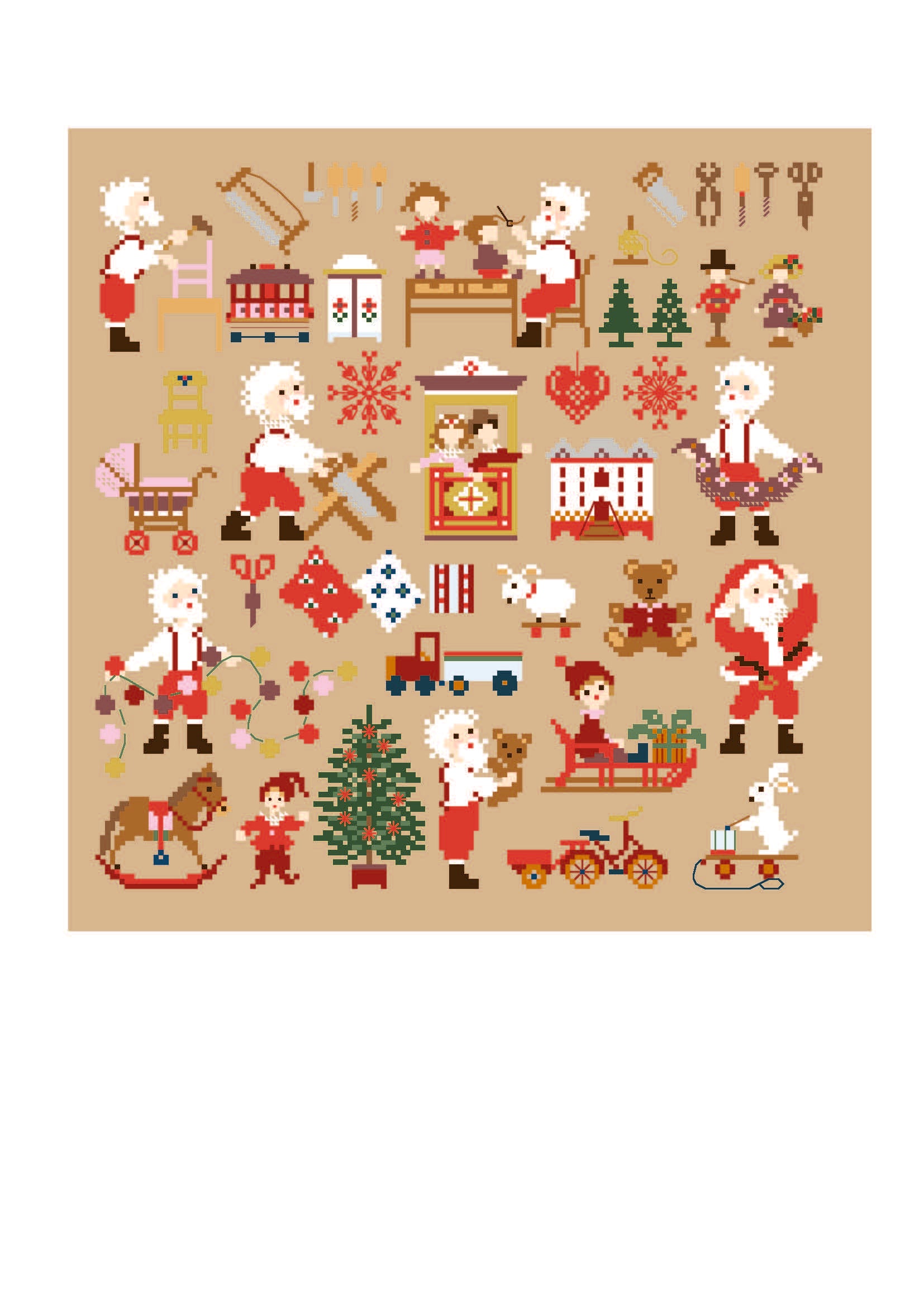Grille inédite broderie point de croix : L'atelier du Père Noël par Perrette Samouiloff. 150×150 pts. Point de croix 2 brins, ¾ point, point de piqûre, point de nœud.