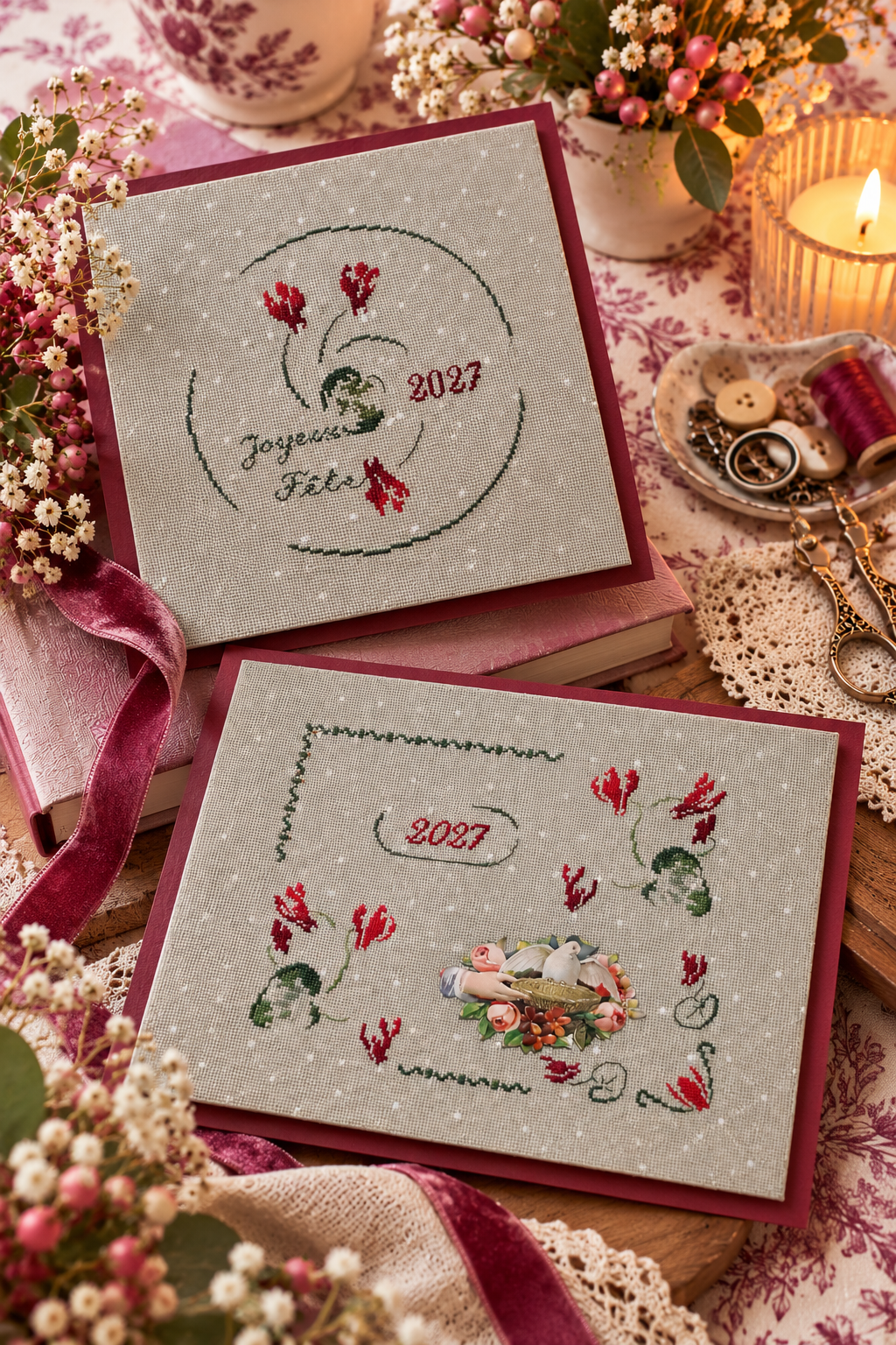 Brodez « Le rouge et le vert » : deux cartes de vœux 2027 aux cyclamens et à la colombe, sur étamine vert pastel 10 fils/cm à petits flocons blancs.