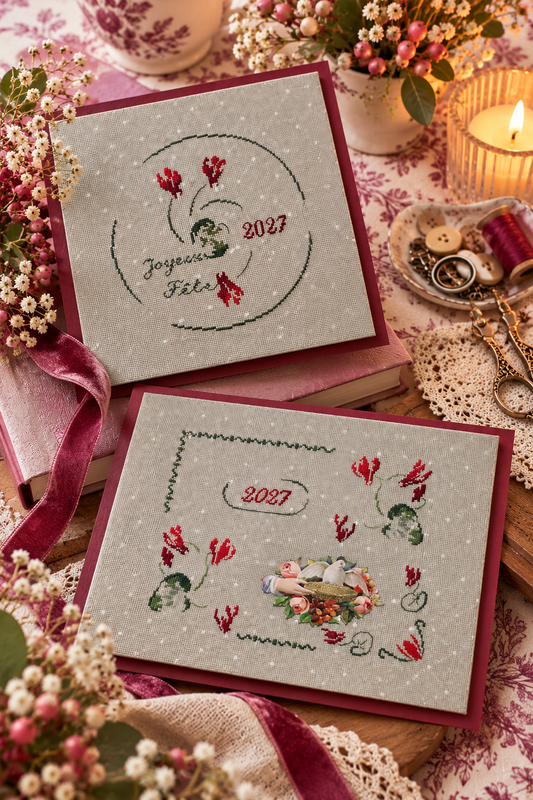 Brodez « Le rouge et le vert » : deux cartes de vœux 2027 aux cyclamens et à la colombe, sur étamine vert pastel 10 fils/cm à petits flocons blancs.