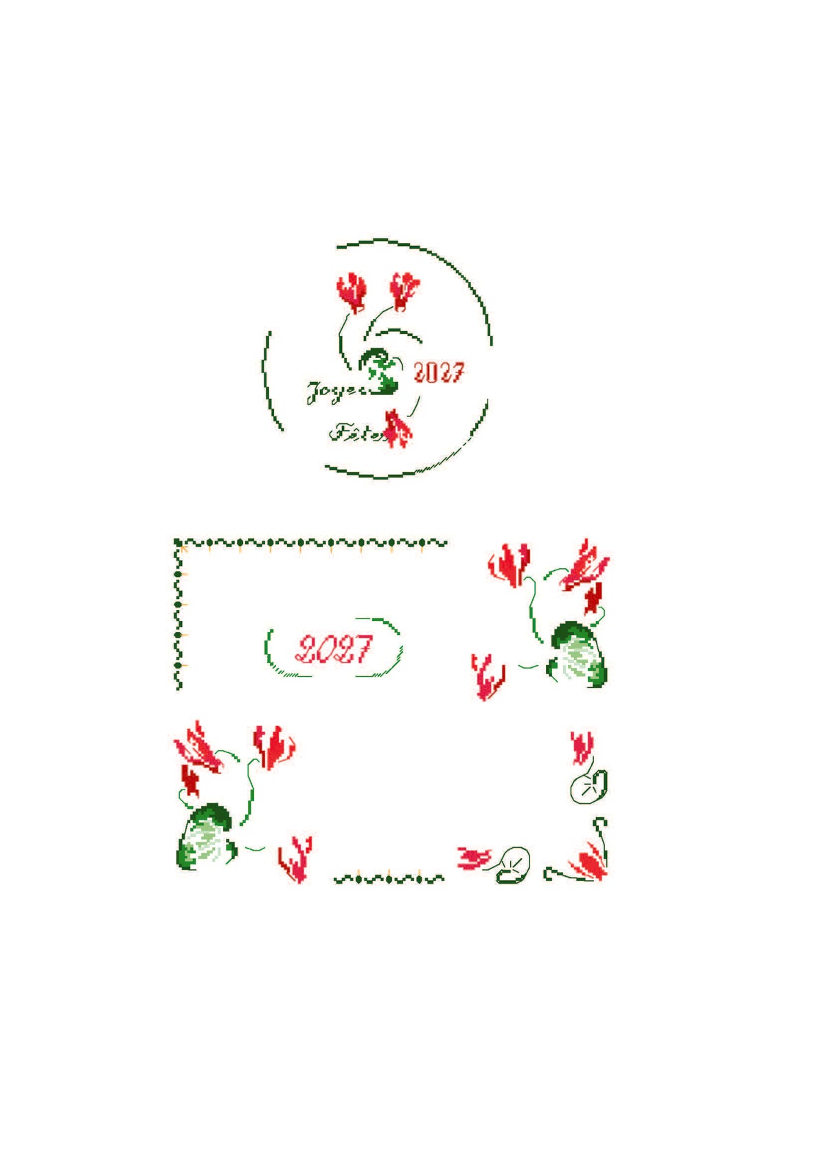 Brodez « Le rouge et le vert » : deux cartes de vœux 2027 aux cyclamens et à la colombe, sur étamine vert pastel 10 fils/cm à petits flocons blancs.