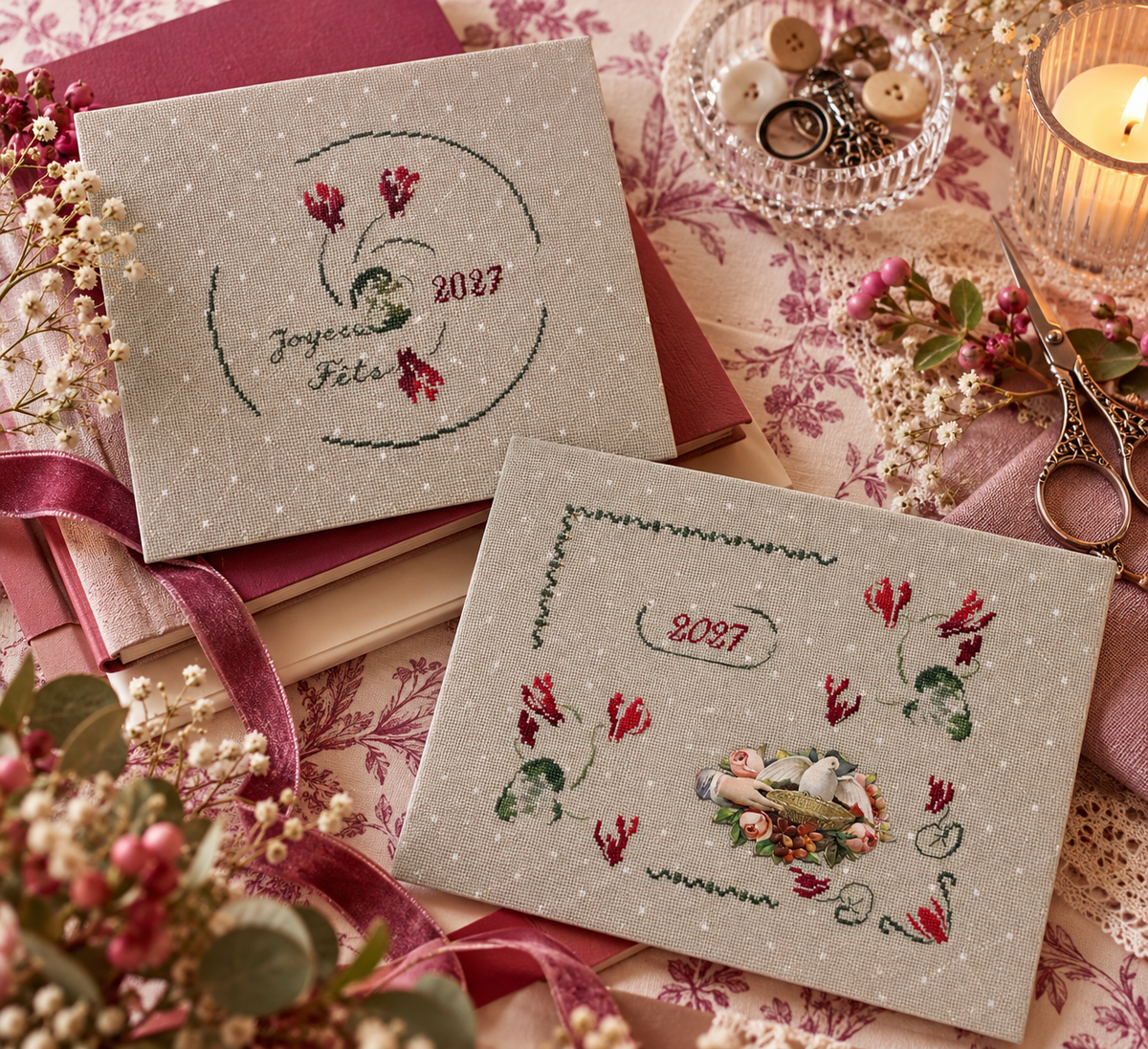 Brodez « Le rouge et le vert » : deux cartes de vœux 2027 aux cyclamens et à la colombe, sur étamine vert pastel 10 fils/cm à petits flocons blancs.