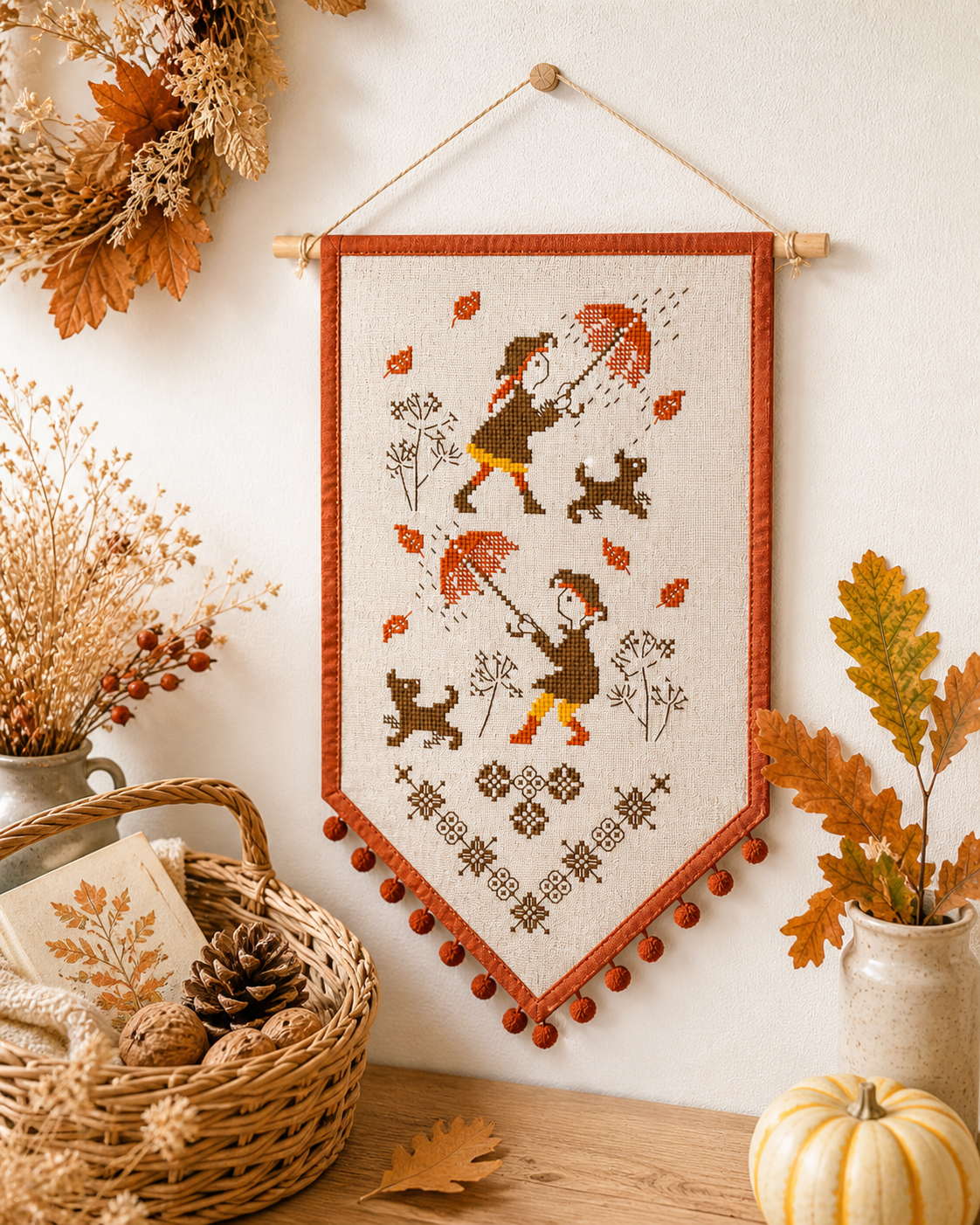 Grille point de croix "Pluie d'automne" par Perrette Samouiloff. 70x140 pts, toile blanche ou claire. Point de croix et piqûre.