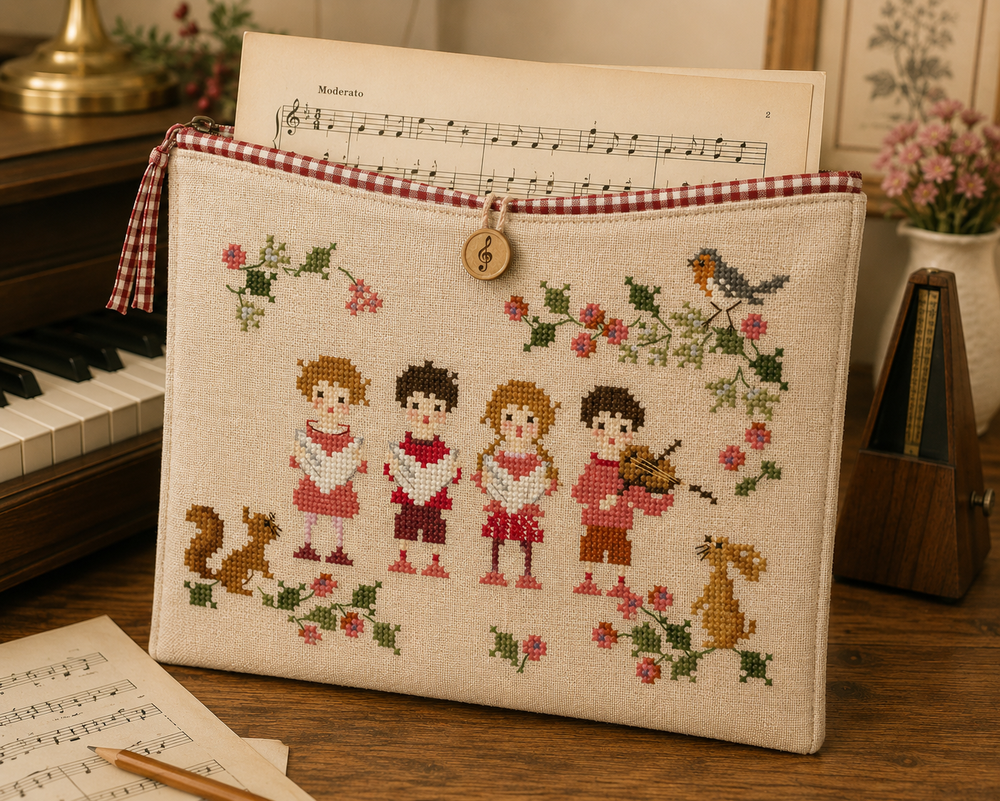 Grille inédite broderie point de croix : Noël petits musiciens par Perrette Samouiloff. 99×88 pts, point de croix, ¾ de point, point de piquûre. Toile blanche ou claire.