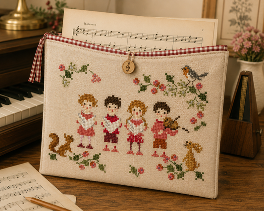 Grille inédite broderie point de croix : Noël petits musiciens par Perrette Samouiloff. 99×88 pts, point de croix, ¾ de point, point de piquûre. Toile blanche ou claire.