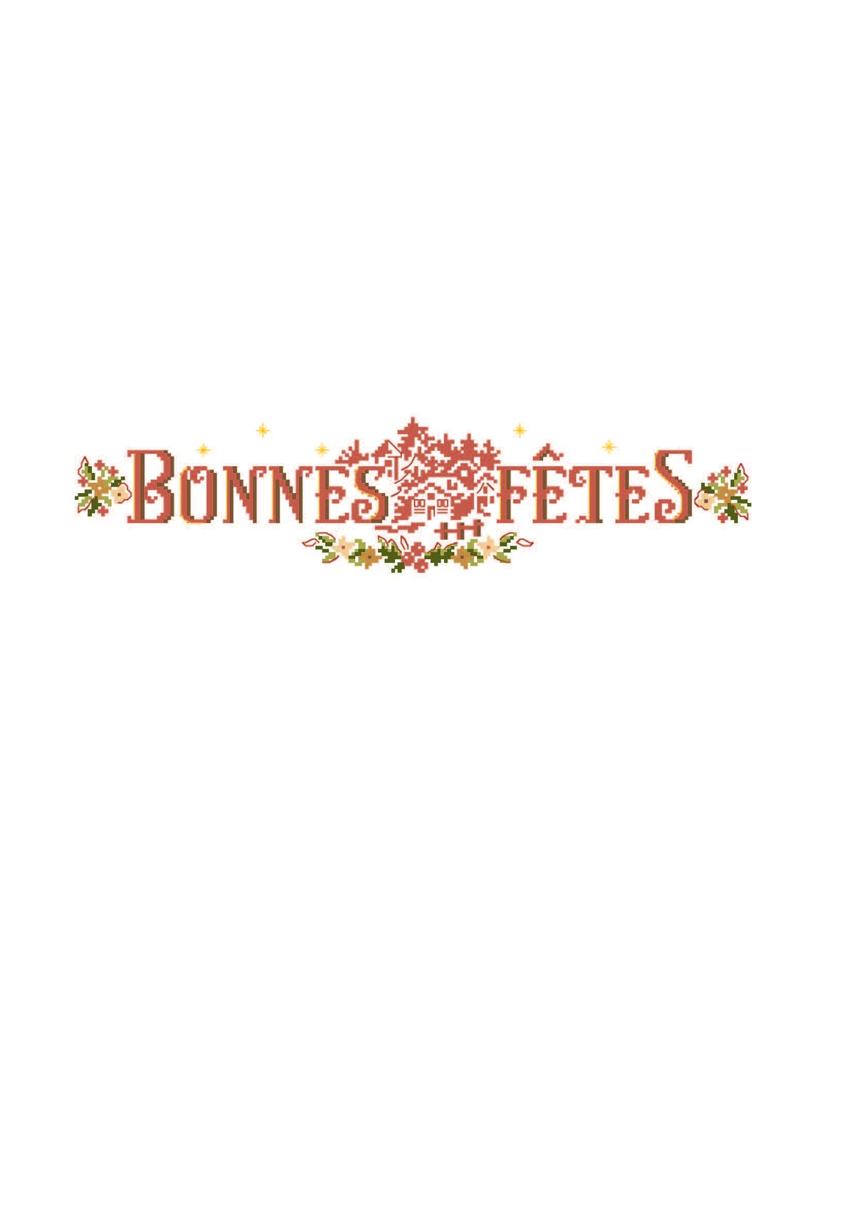Brodez la banderole « Bonnes Fêtes » au point de croix : chalet, houx et lettres rouges pour Noël. Grille inédite de 206 × 47 points sur lin naturel.