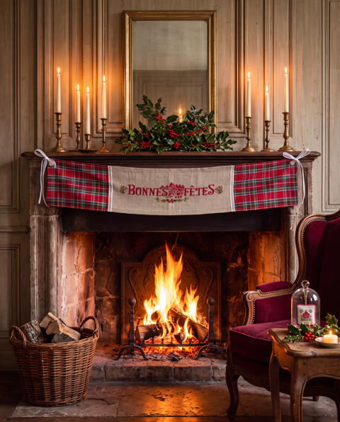Brodez la banderole « Bonnes Fêtes » au point de croix : chalet, houx et lettres rouges pour Noël. Grille inédite de 206 × 47 points sur lin naturel.