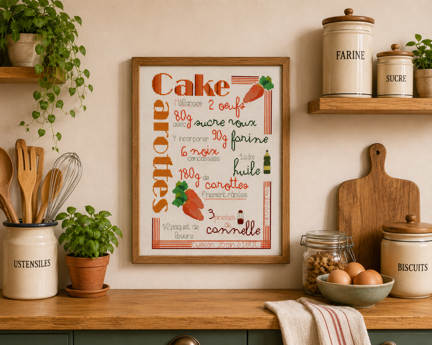 Grille de broderie au point de croix : Carrot Cake, motif gourmand sur toile blue-jean. 6 pages avec symboles et références DMC. À broder sur lin ou Aïda.