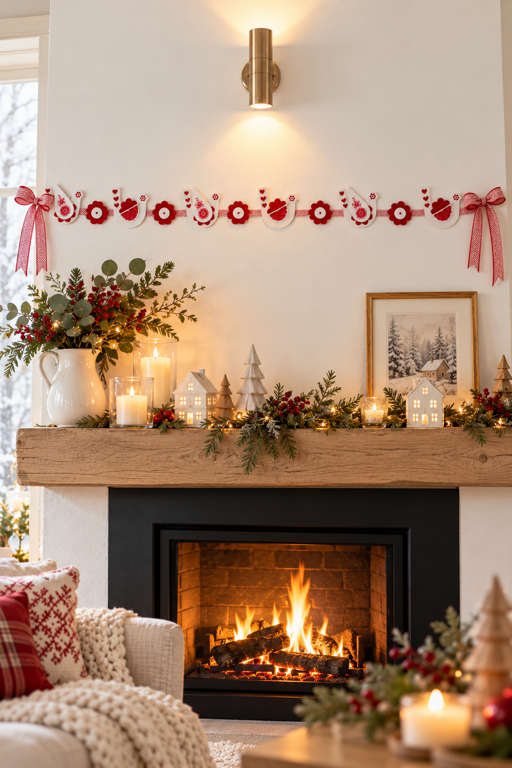 Brodez une guirlande d’oiseaux rouges et blancs d’inspiration folklorique, avec fleurs en feutrine et ruban à chevrons, pour décorer Noël.