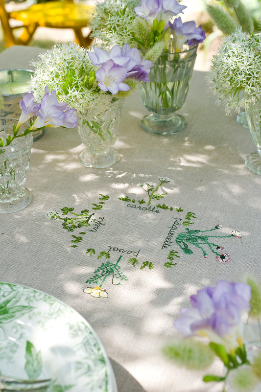 Grille broderie point de croix : nappe herbier avec pâquerettes, pissenlits, pavots et trèfles. Motifs sur lin 11 fils ou Aïda 5,5 pts. 4 pages. Ref. DMC.