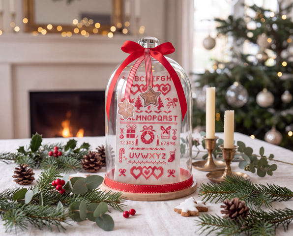 Brodez « Noël sous cloche », un abécédaire de Noël rouge et or avec cœurs, sapins et cadeaux. Motif de 54 × 102 points, sur lin blanc 11 fils.