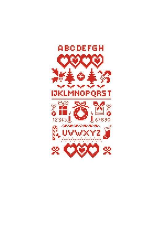 Brodez « Noël sous cloche », un abécédaire de Noël rouge et or avec cœurs, sapins et cadeaux. Motif de 54 × 102 points, sur lin blanc 11 fils.